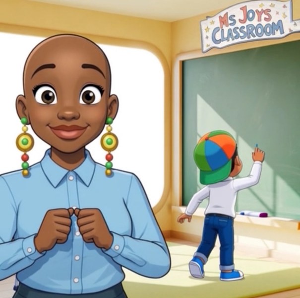 Ms. Joy smiling in her classroom while Jaxson writes on the chalkboard