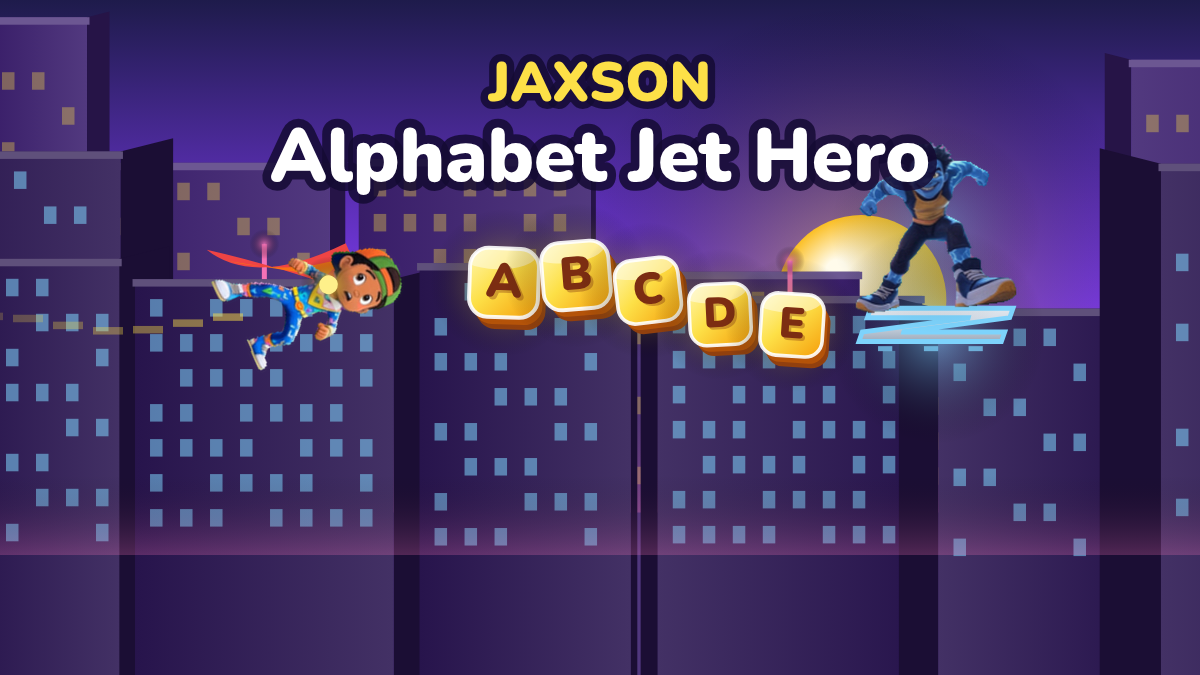 Jaxson flying past glowing letter blocks as Z-Bolt rides his Z-board