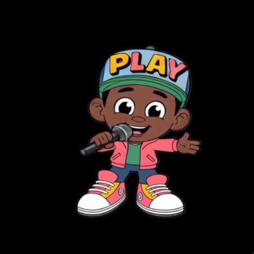 Jordy Monsta cartoon character in a PLAY cap, holding a microphone and smiling