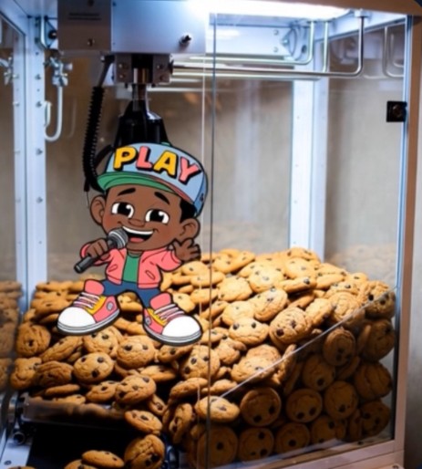 Jordy Monsta with his microphone standing on a big pile of cookies inside the claw machine