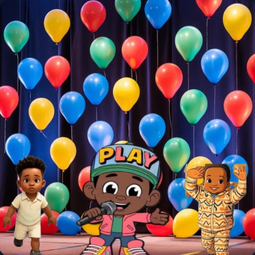 Jordy Monsta singing on a stage with colorful balloons and two dancing kids