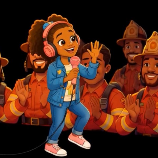 Zaree singing into a pink microphone in front of clapping fire fighters