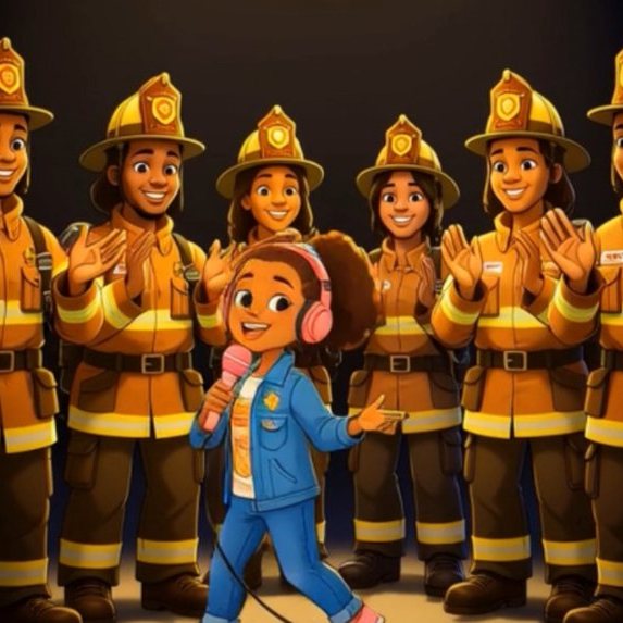 Zaree singing in front of a row of smiling fire fighters