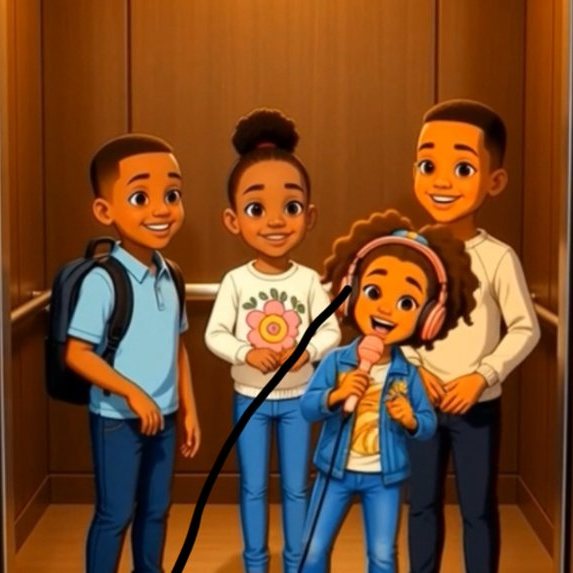 Zaree singing in an elevator with three children