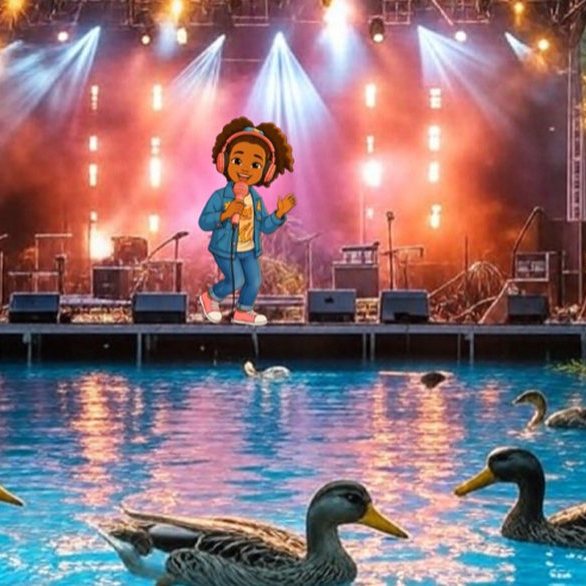 Zaree singing on a stage with ducks swimming in front
